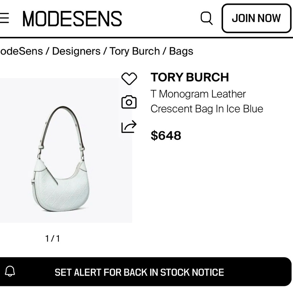 NWOT TORY BURCH T Monogram Leather Crescent Bag In Ice Blue. - Picture 5 of 15